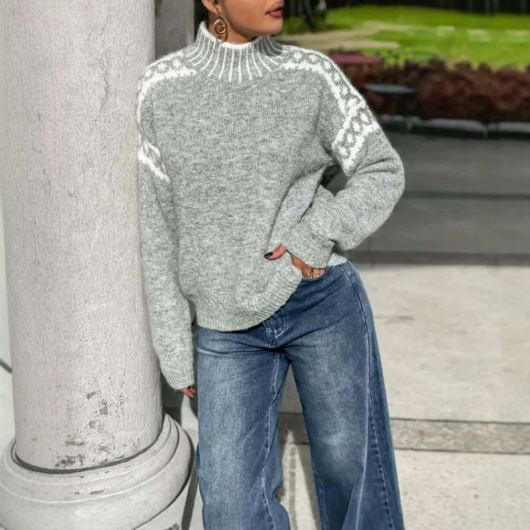 Women's Jacquard Crewneck Sweater Loose Soft Lazy Knit Top