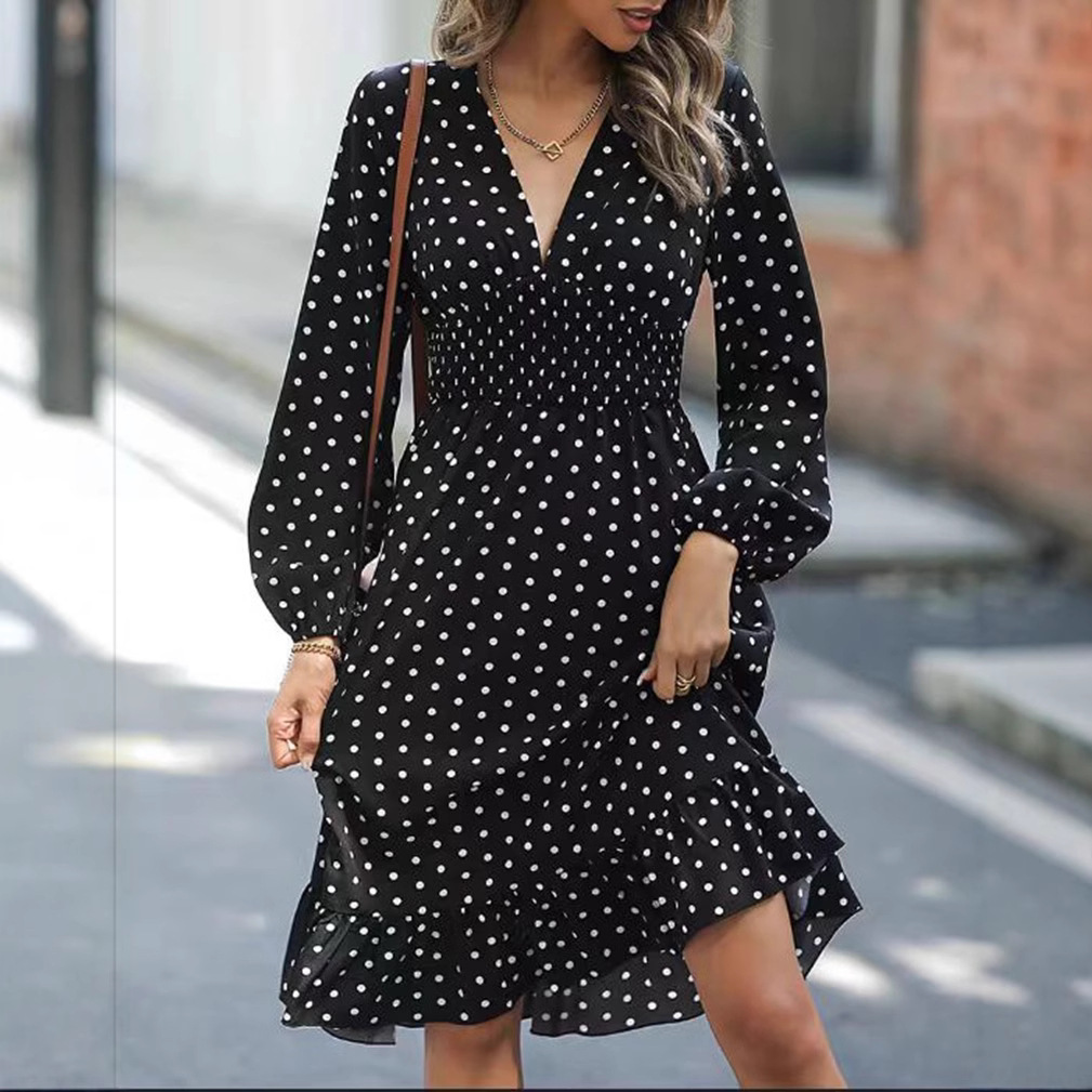 Polka Dot V-Neck Cinched Waist Midi Dress
