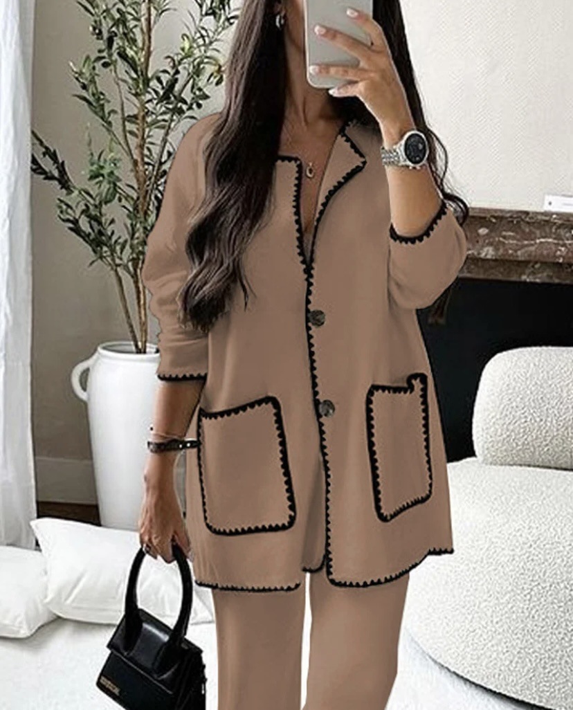 Women's Casual Solid Color Two-Piece Pants Set Long Sleeve
