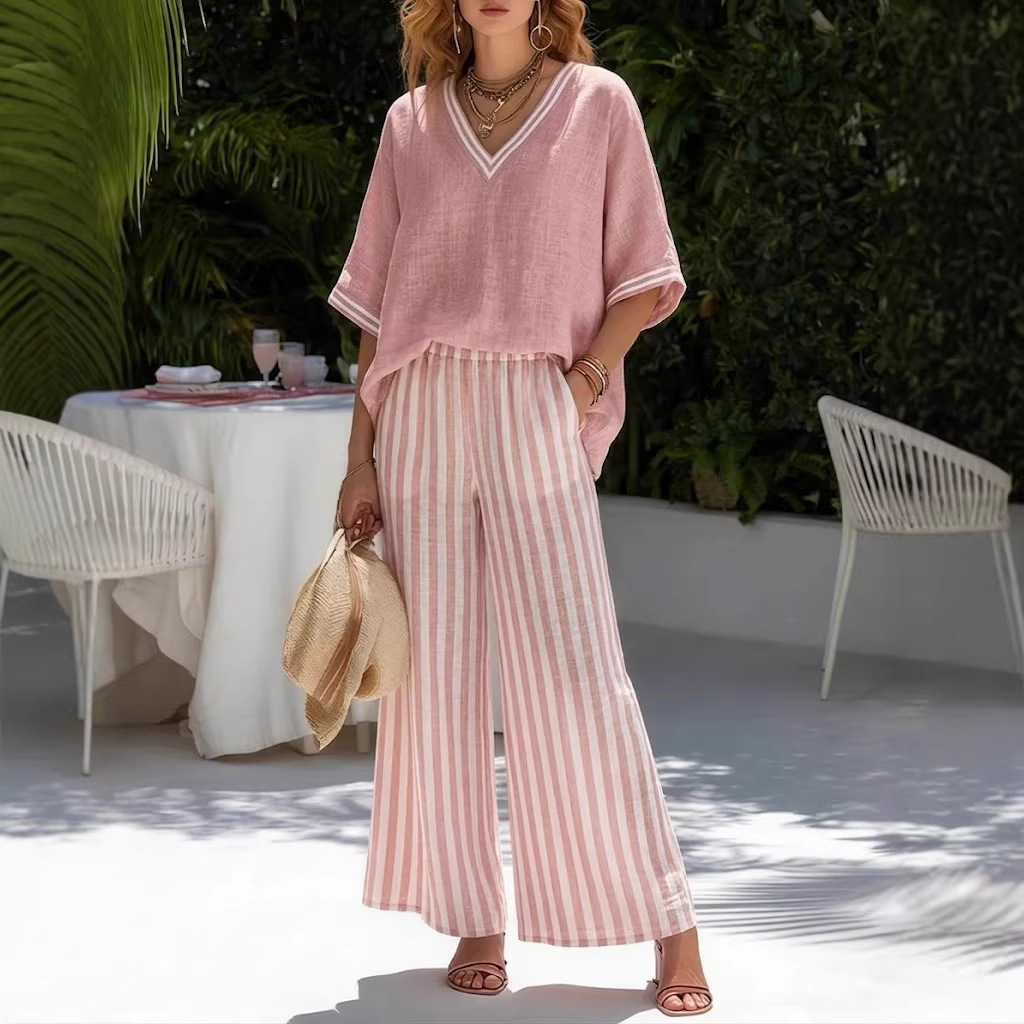 Women's Cotton-Linen Striped V-Neck Short-Sleeve Top & Wide-Leg Pants Set