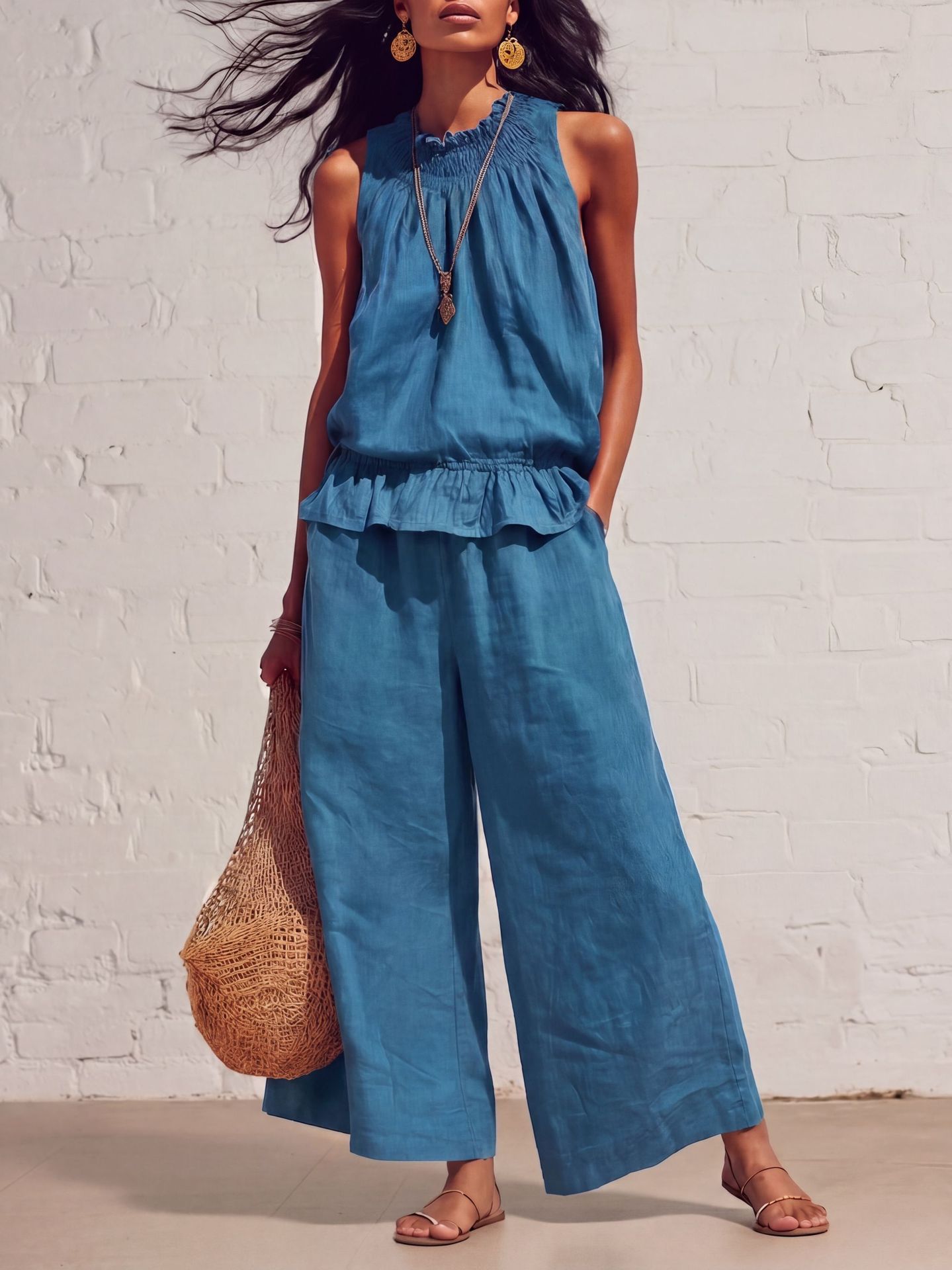 Women's Boho Ruffle Two-Piece Set Sleeveless Shirt and Wide-Leg Pants