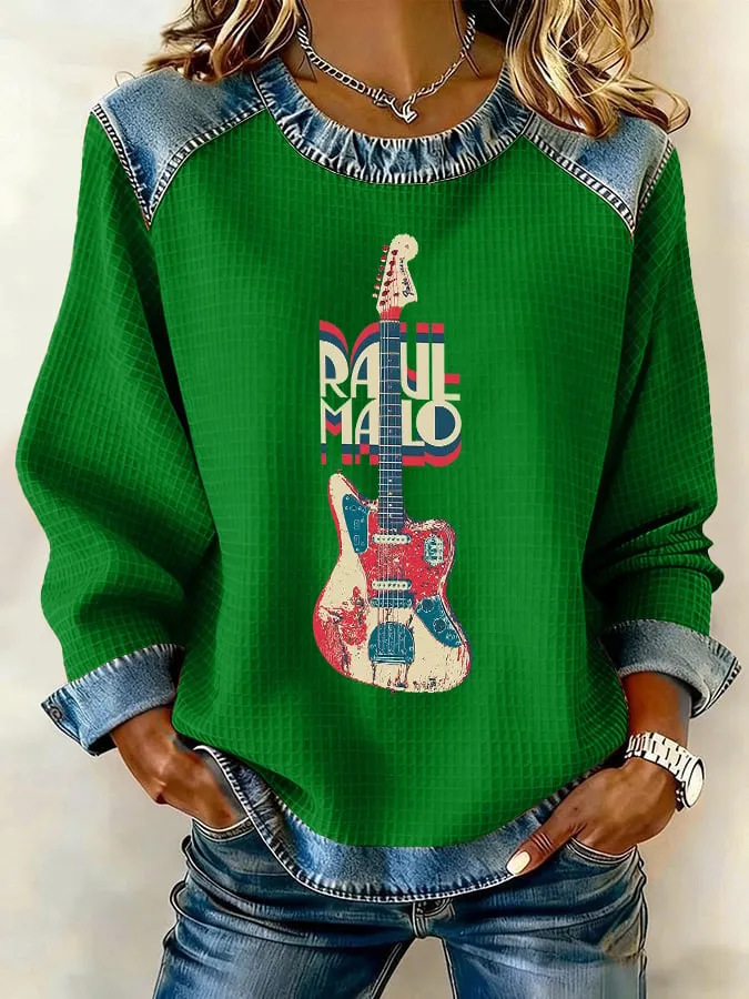 Women's Letter Guitar Print Crewneck Sweatshirt