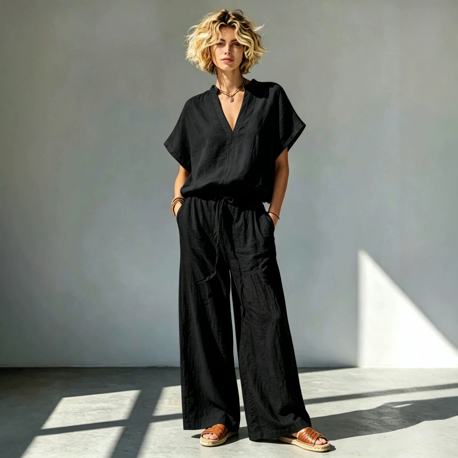Women's Cotton-Linen V-Neck Short-Sleeve Shirt & Wide-Leg Pants Set
