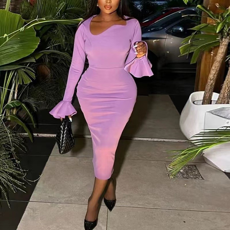 Solid Color Mermaid Dress with Flared Sleeves and Slit