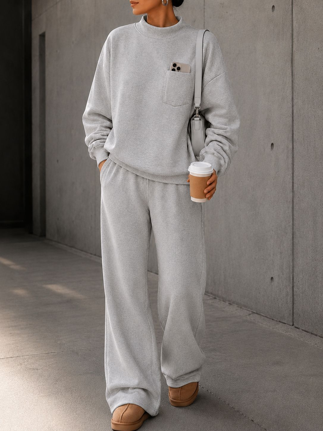 Women's Loose Stand Collar Sweatshirt & Wide-Leg Pants Set Solid Color Casual Sportswear