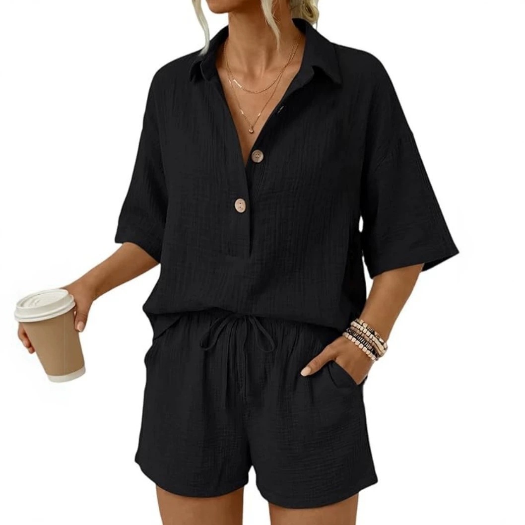Solid Color Two-Piece Set Lightweight Short Sleeve Top with Pockets and High Waist Shorts