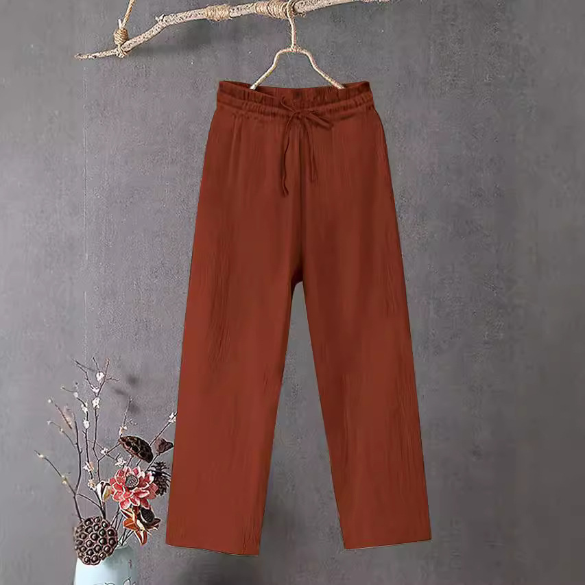 Women's Cotton Linen Wide Leg Pants Elastic Waist Solid Color Loose Fit