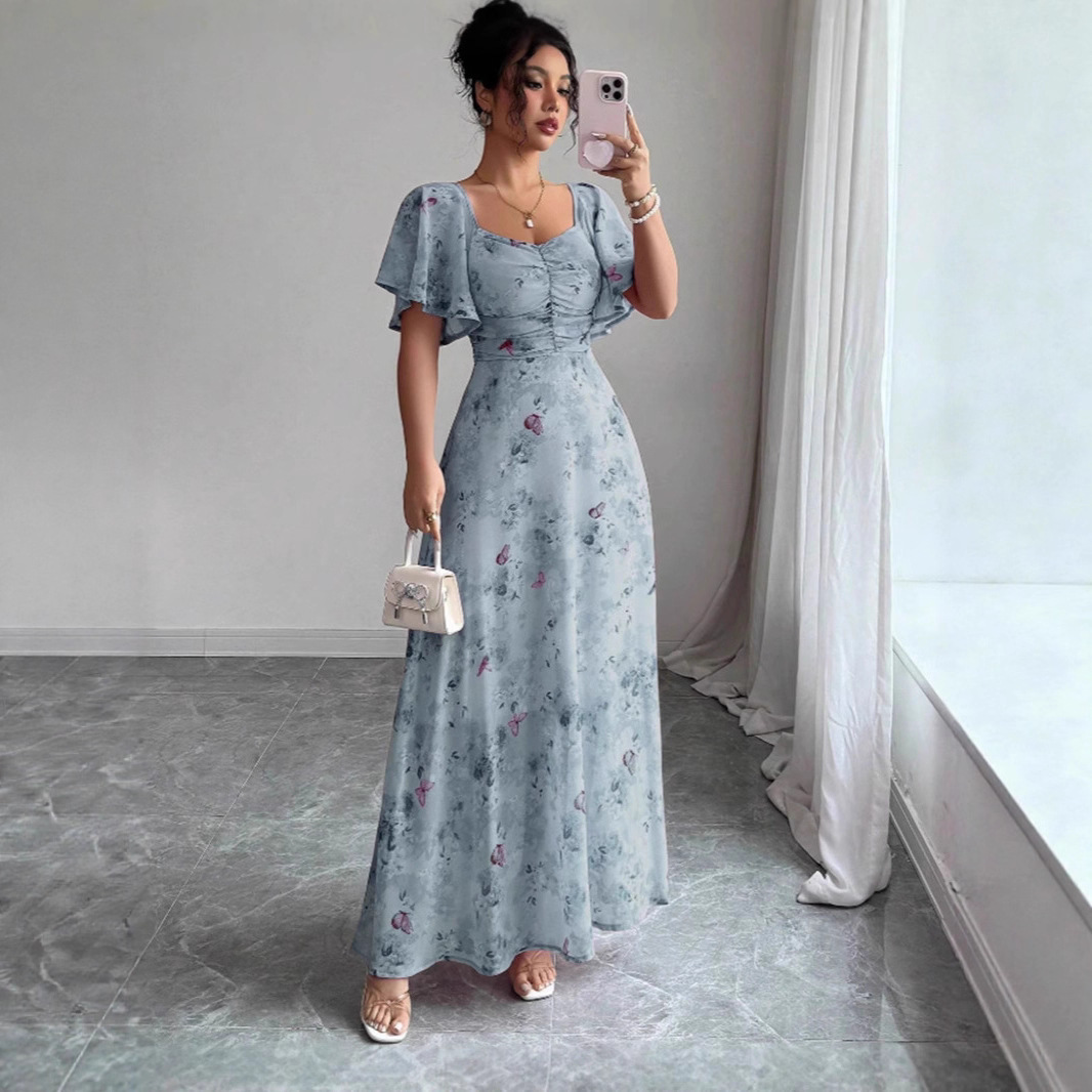Floral Butterfly Print Ruffle Sleeve Slim Fit Midi Dress with Lining