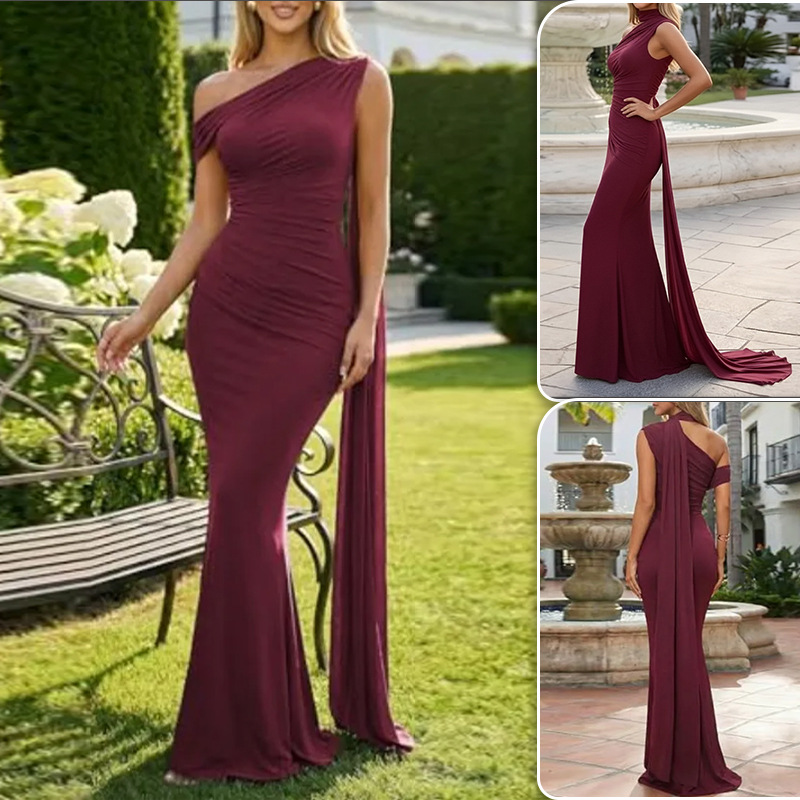 Elegant One-Shoulder Bodycon Maxi Dress with Ribbon Accent