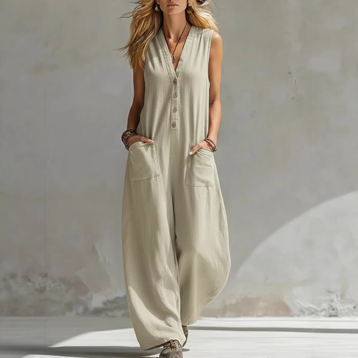 Sleeveless Linen-Blend Wide-Leg Jumpsuit with Pockets
