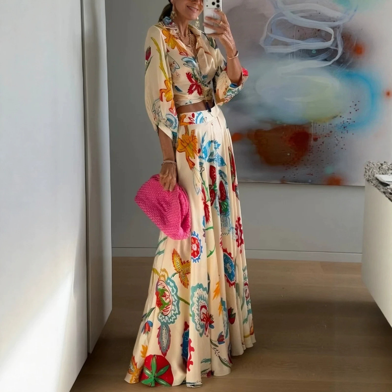 Vintage Oil Painting Floral Print Tie-Front Shirt and Maxi Skirt Two-Piece Set