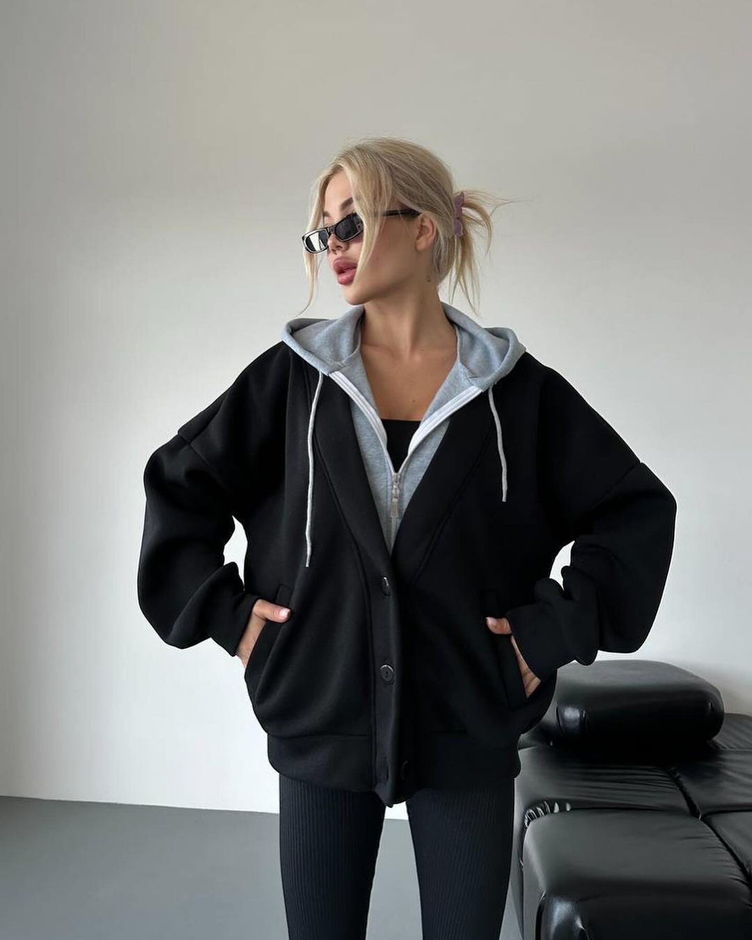 Women's Faux Two-Piece Hooded Zip-Up Sweatshirt Jacket