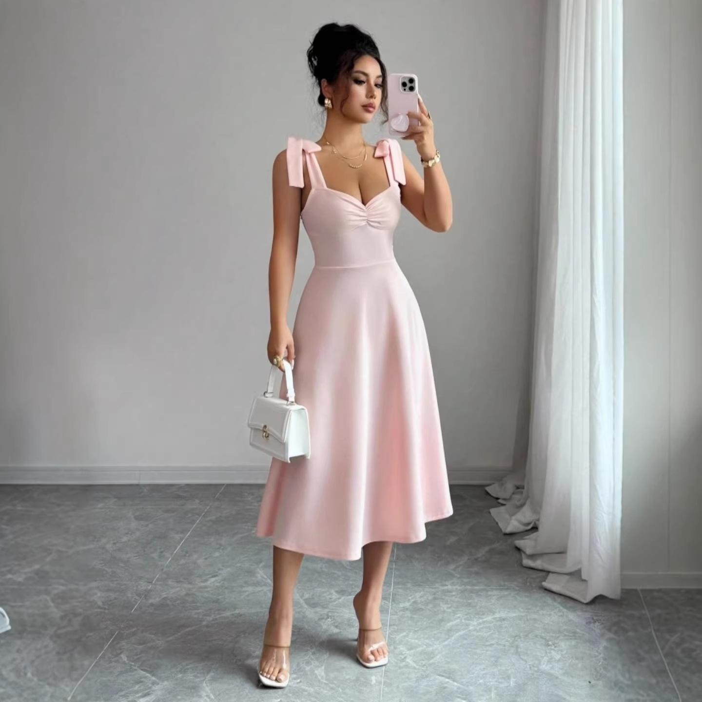Solid Color Sleeveless Midi Dress with Waist-Cinching A-Line Silhouette