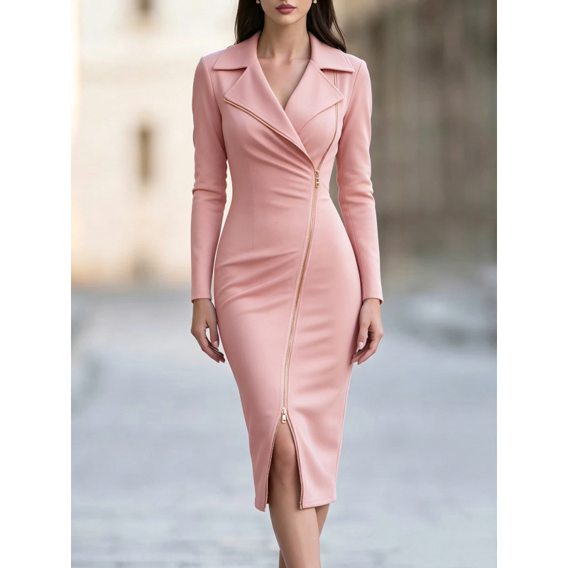 Suit Collar Long Sleeve Zip Slit Sheath Dress