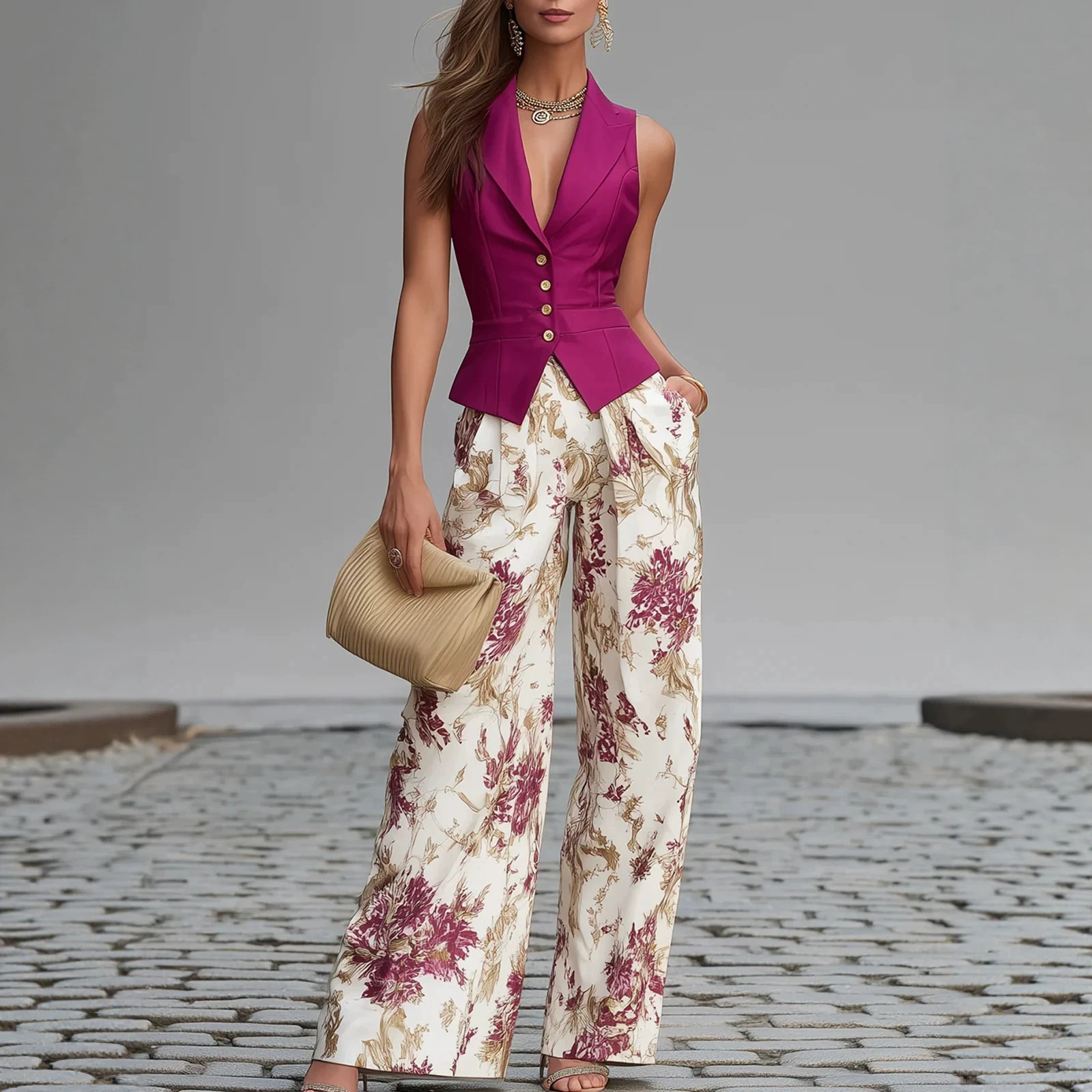 Purple Sleeveless Vest and Printed Wide-Leg Pants Two-Piece Set