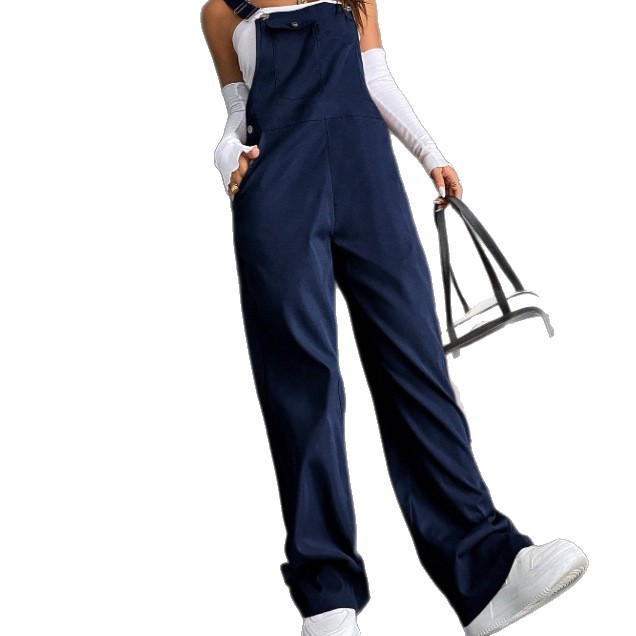 Women's Vintage Solid Straight-Leg Cargo Overalls Loose Casual Jumpsuit