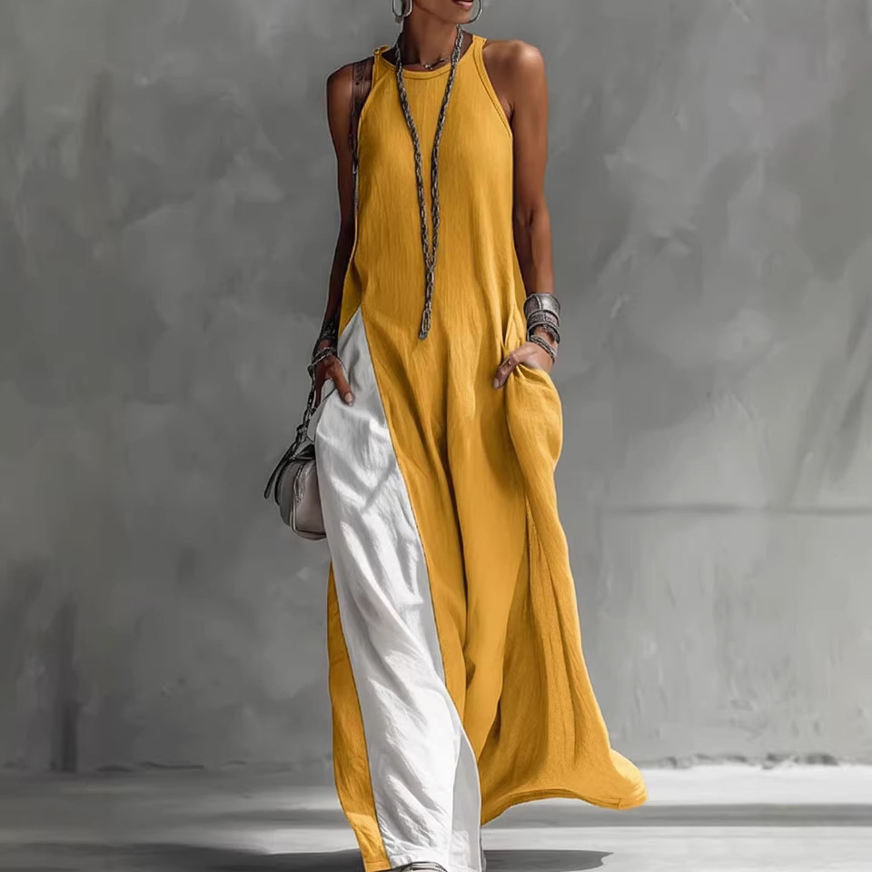 Women's Sleeveless Off-Shoulder Color-Block Dress with Pockets