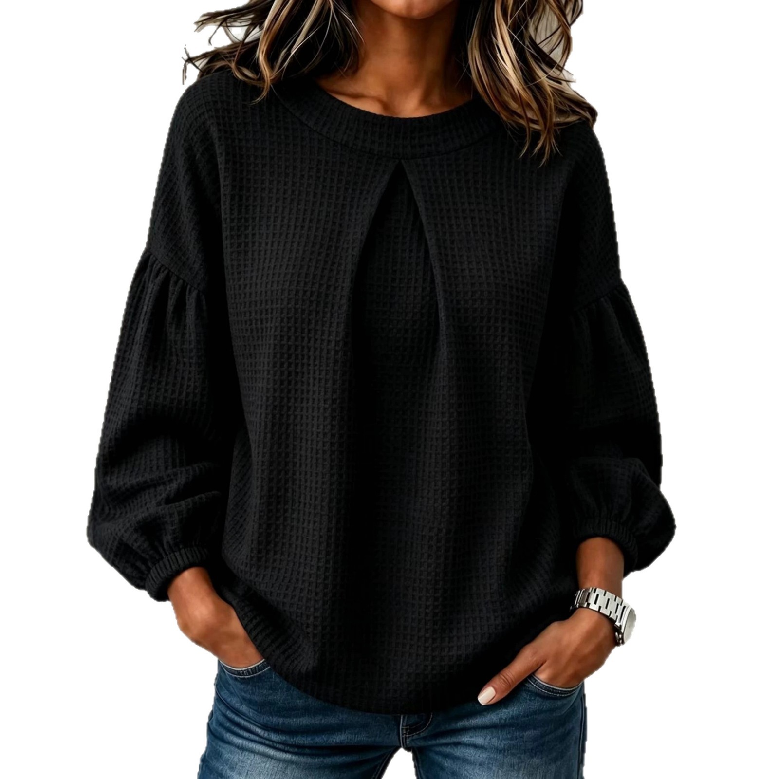 Women's Colorblock Lantern Sleeve Crewneck Loose Solid Long Sleeve Top Sweatshirt