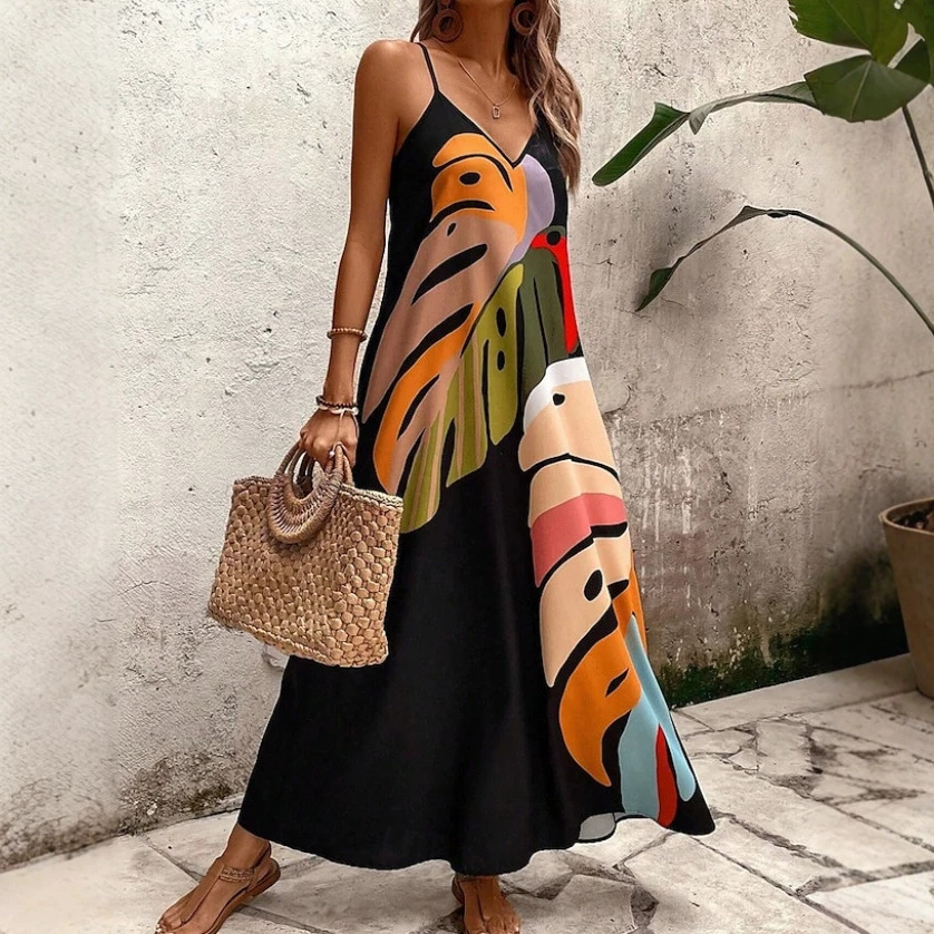 Women's Loose Beach Cover-Up Printed Cami Maxi Dress