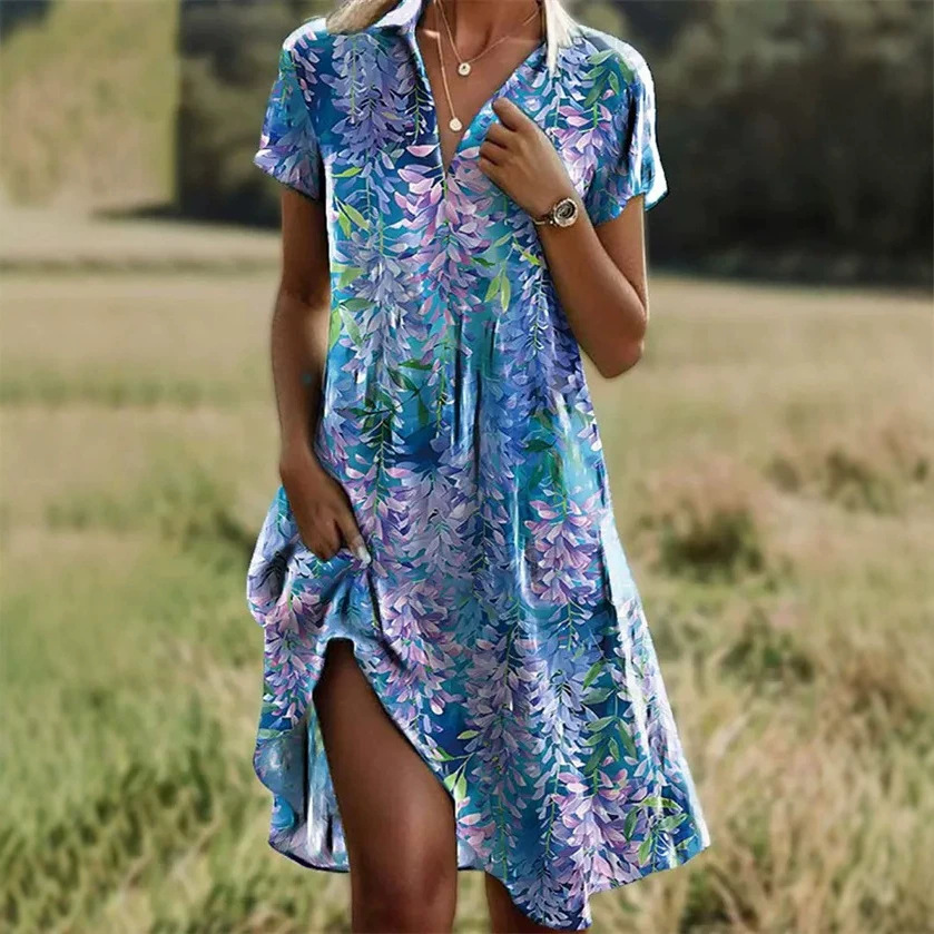 Women's Floral Print Casual Midi Dress Short Sleeve Deep V-Neck Slim Fit
