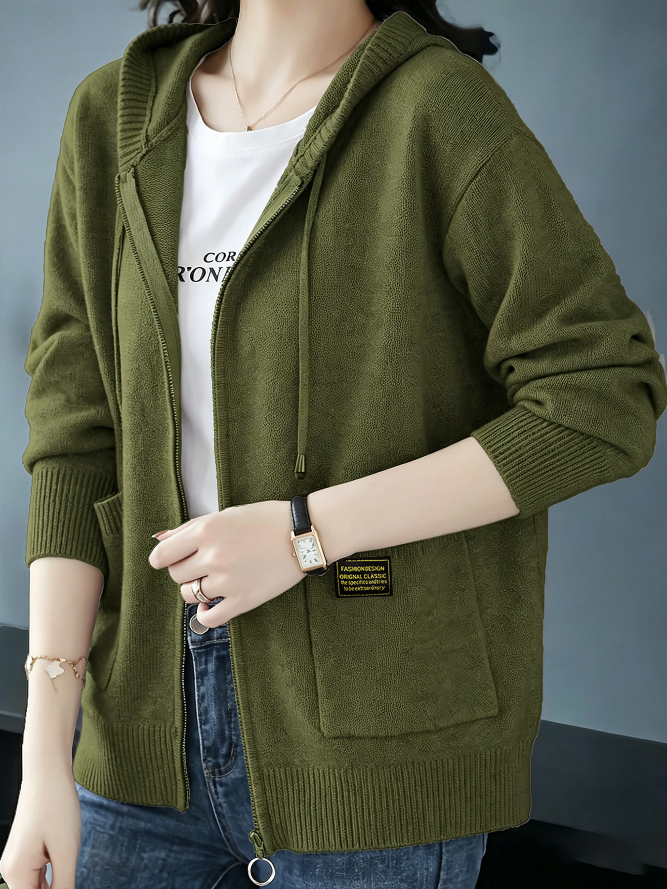 Women's Ribbed Knit Zip-Up Hooded Cardigan with Pockets