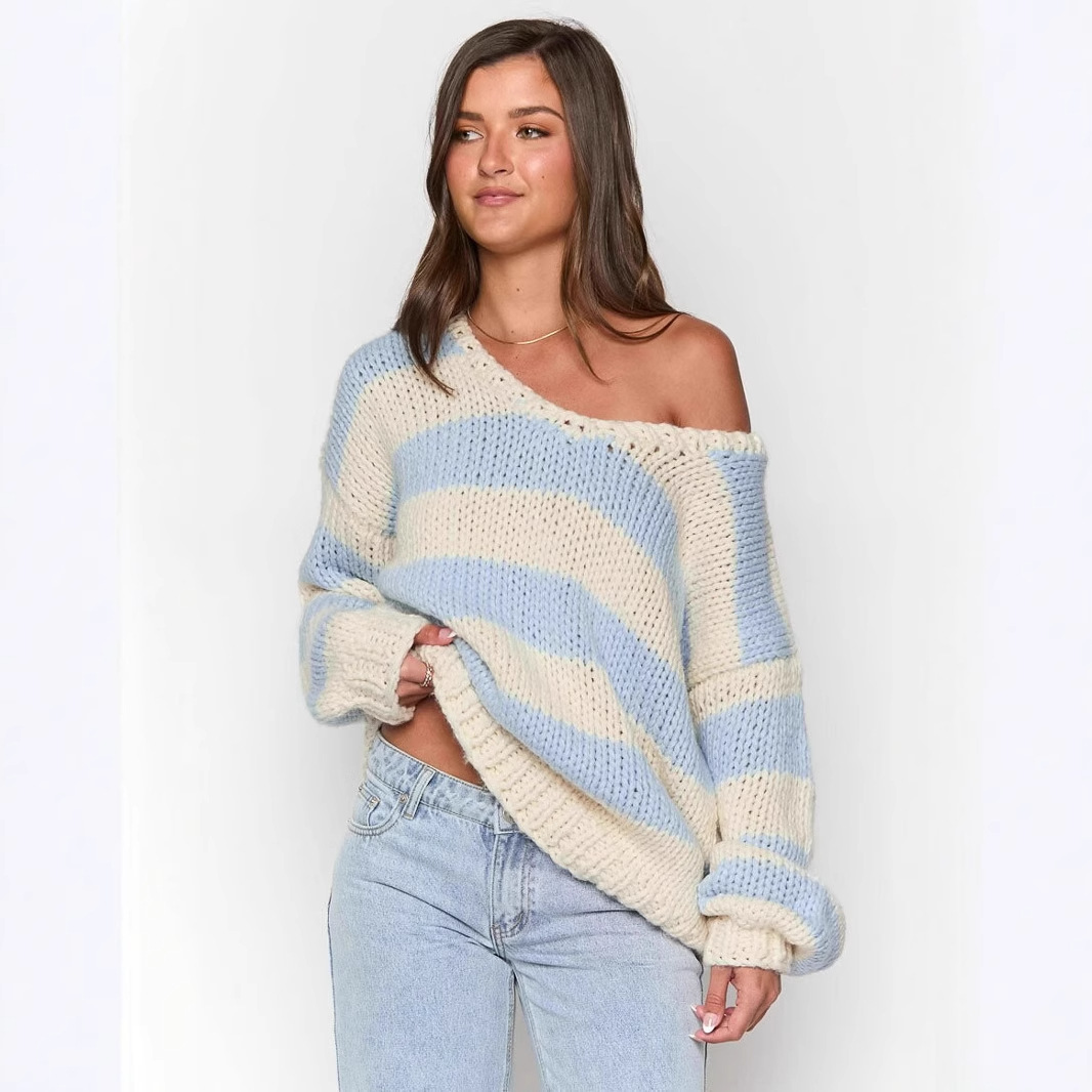 Striped One-Shoulder Knit Sweater