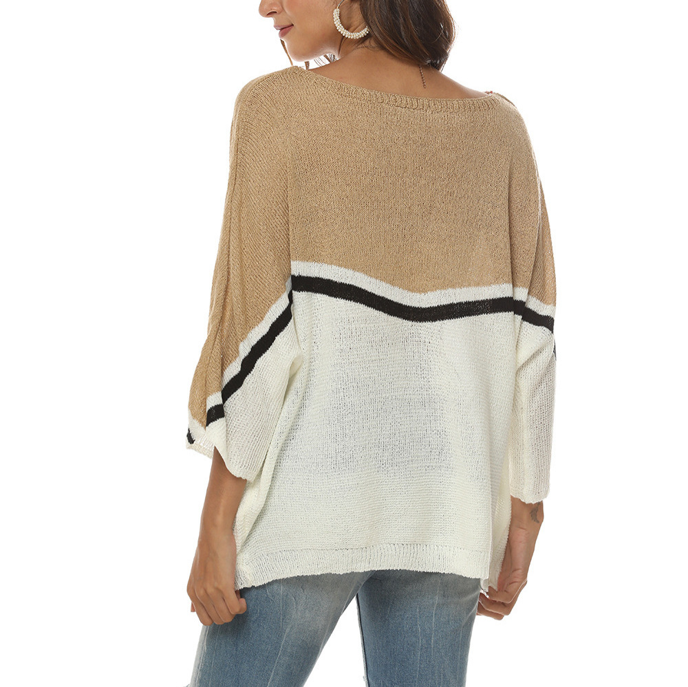 Women's Oversized Knit Batwing Sweater Colorblock Pullover Long Sleeve