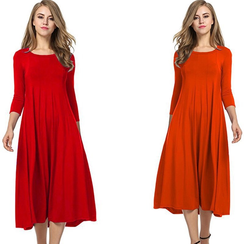 Women's Crew Neck Half-Sleeve Solid Color Flared Dress Custom Logo Workwear