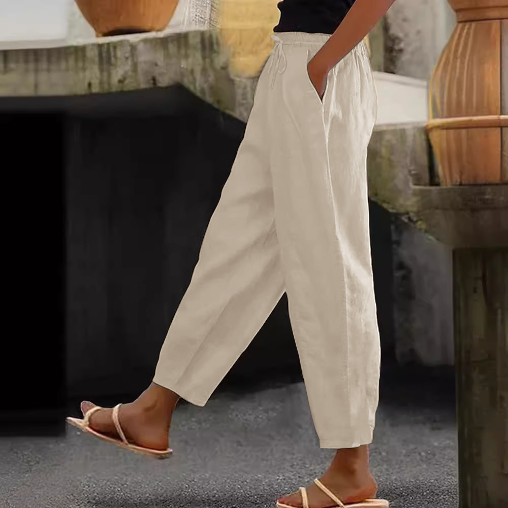 Women's Cotton-Linen Blend Solid Color Casual Pants with Side Pockets and Drawstring