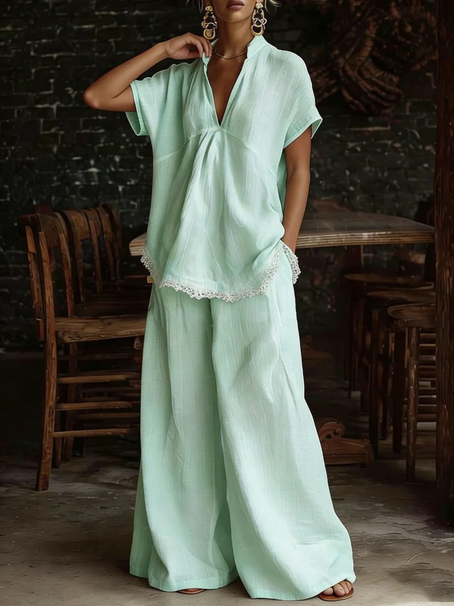 Women's Linen-Blend Short-Sleeve Shirt & Wide-Leg Pants Two-Piece Set