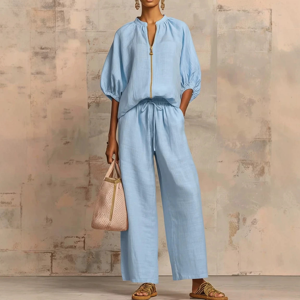 Women's Relaxed Solid Color Drawstring Two-Piece Pants Set