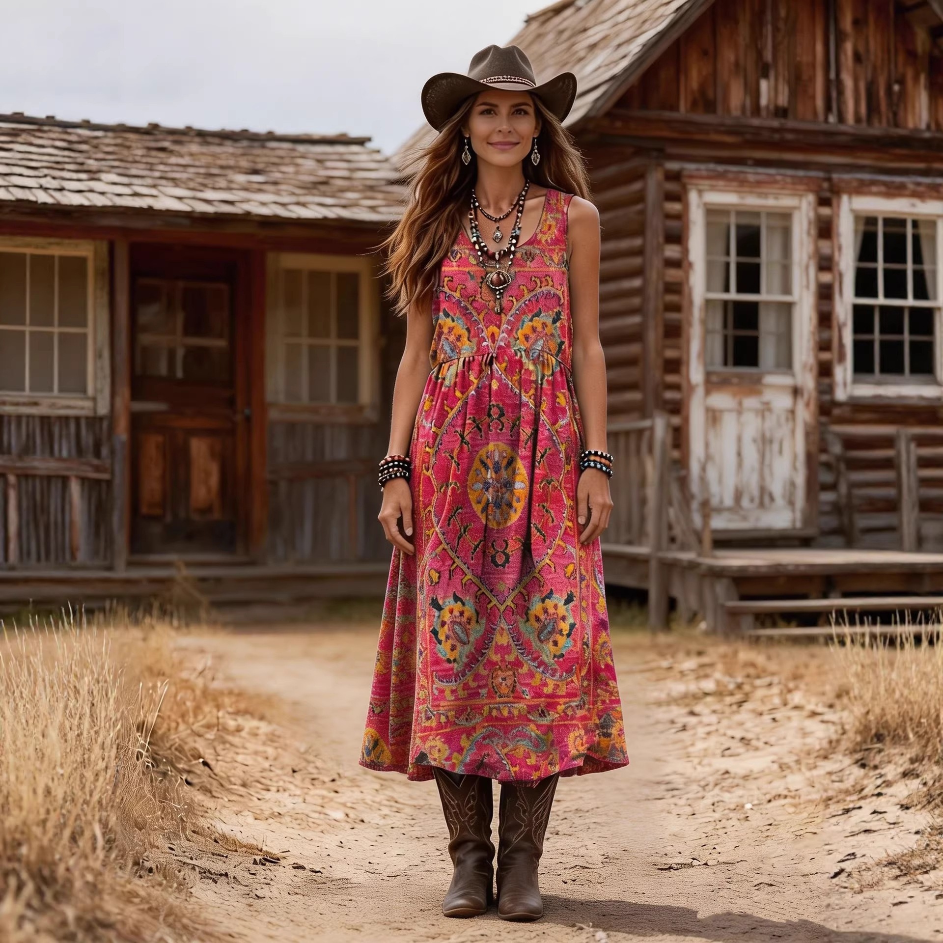 Boho Print V-Neck Sleeveless Maxi Dress