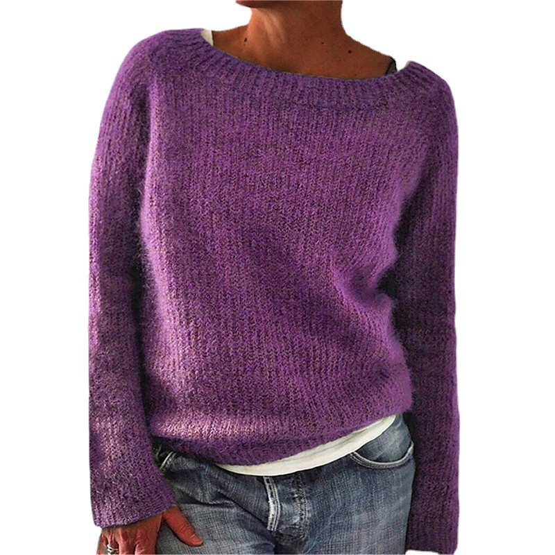 Women's Solid Crewneck Knit Sweater Slim Fit Pullover