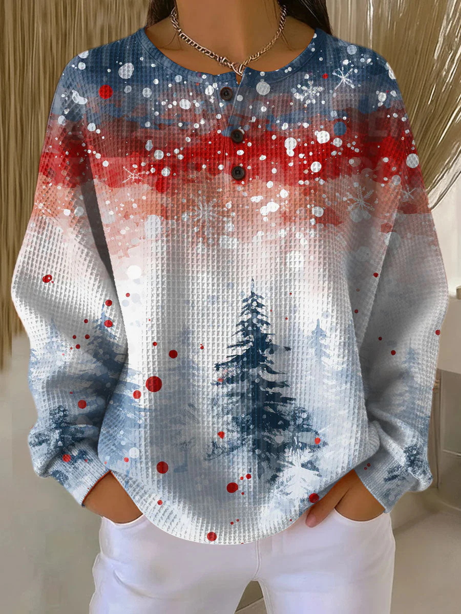 Women's Plaid Tree Floral Polka Dot Print Button Sweatshirt