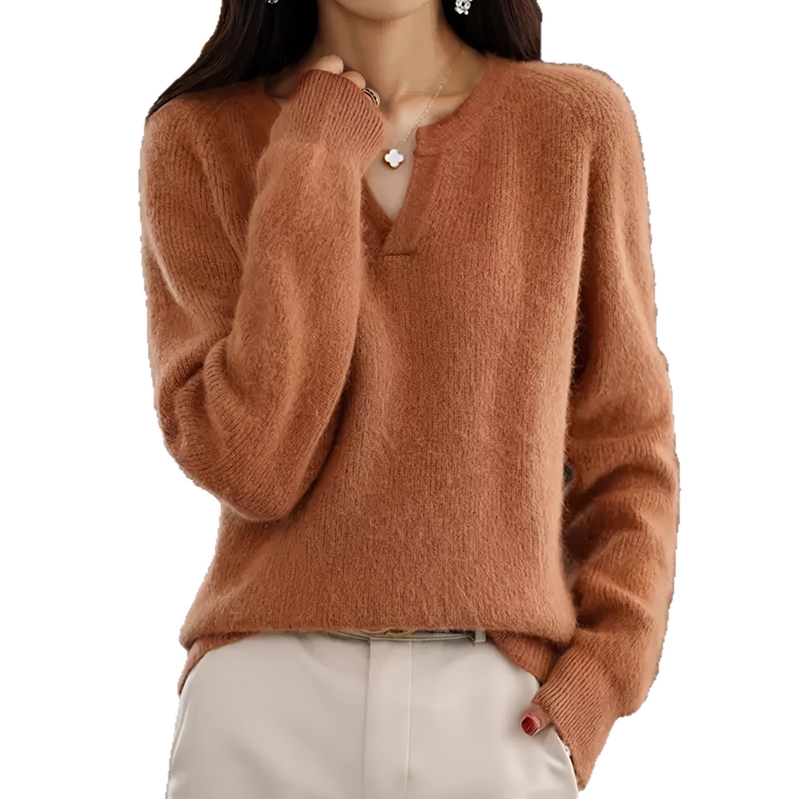 Women's V-Neck Knit Sweater Solid Color Loose Thick Pullover
