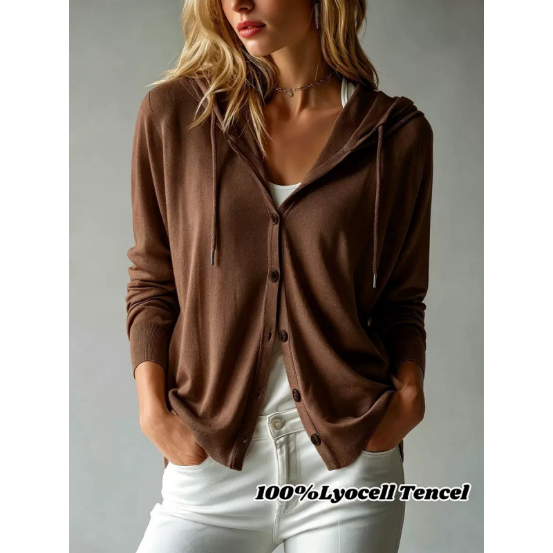 Women's Hooded Knit Cardigan Solid Color Long Sleeve Lightweight Loose Fit