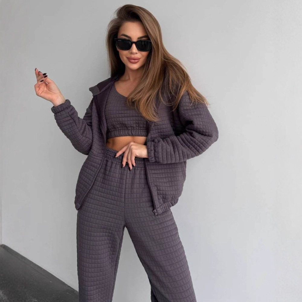 Women's Waffle Knit 3-Piece Sweatsuit Set Long Sleeve Solid Color