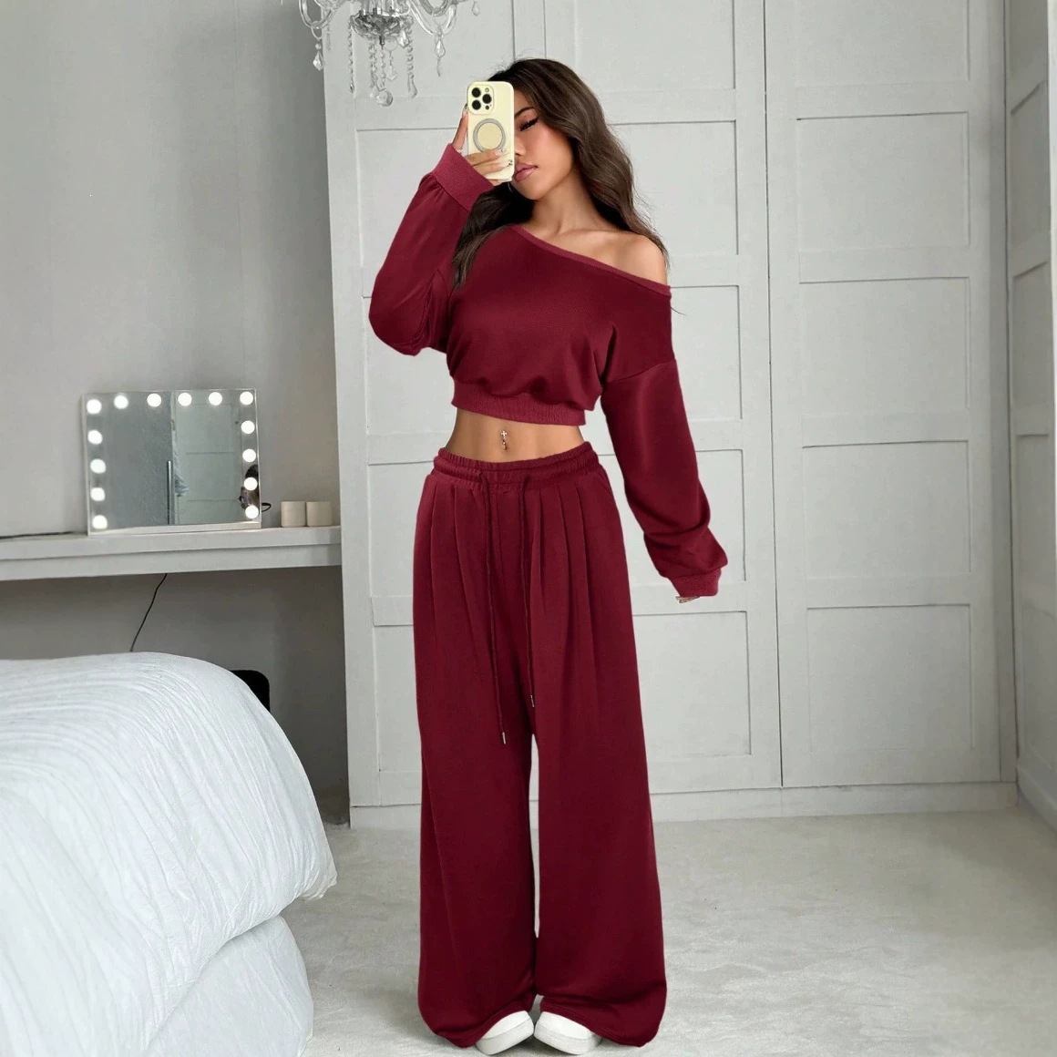 Women's Long Sleeve One-Shoulder High Waist Wide Leg Pants Hoodie Set