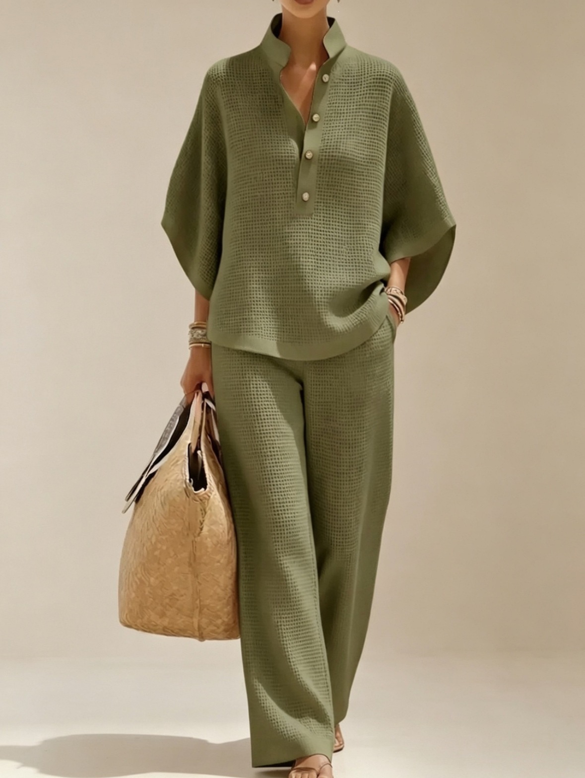 2026 New Casual Loose Stand Collar Set Breathable Waffle Wide-Leg Pants Two-Piece Set European American Best-Seller Women's Clothing