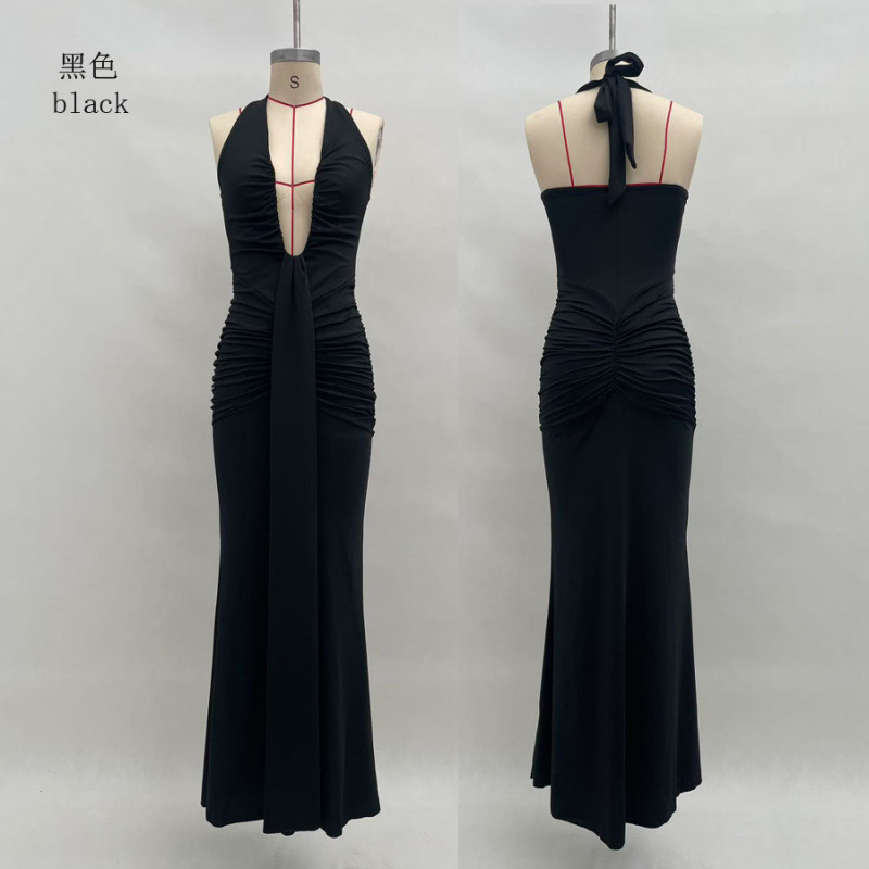 Solid Halter Deep V Mermaid Maxi Dress with Open Back and Tie