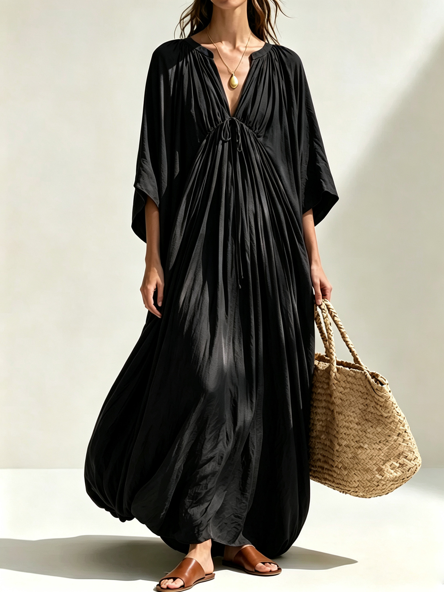 V-Neck Pleated Solid Color Loose Casual Dress