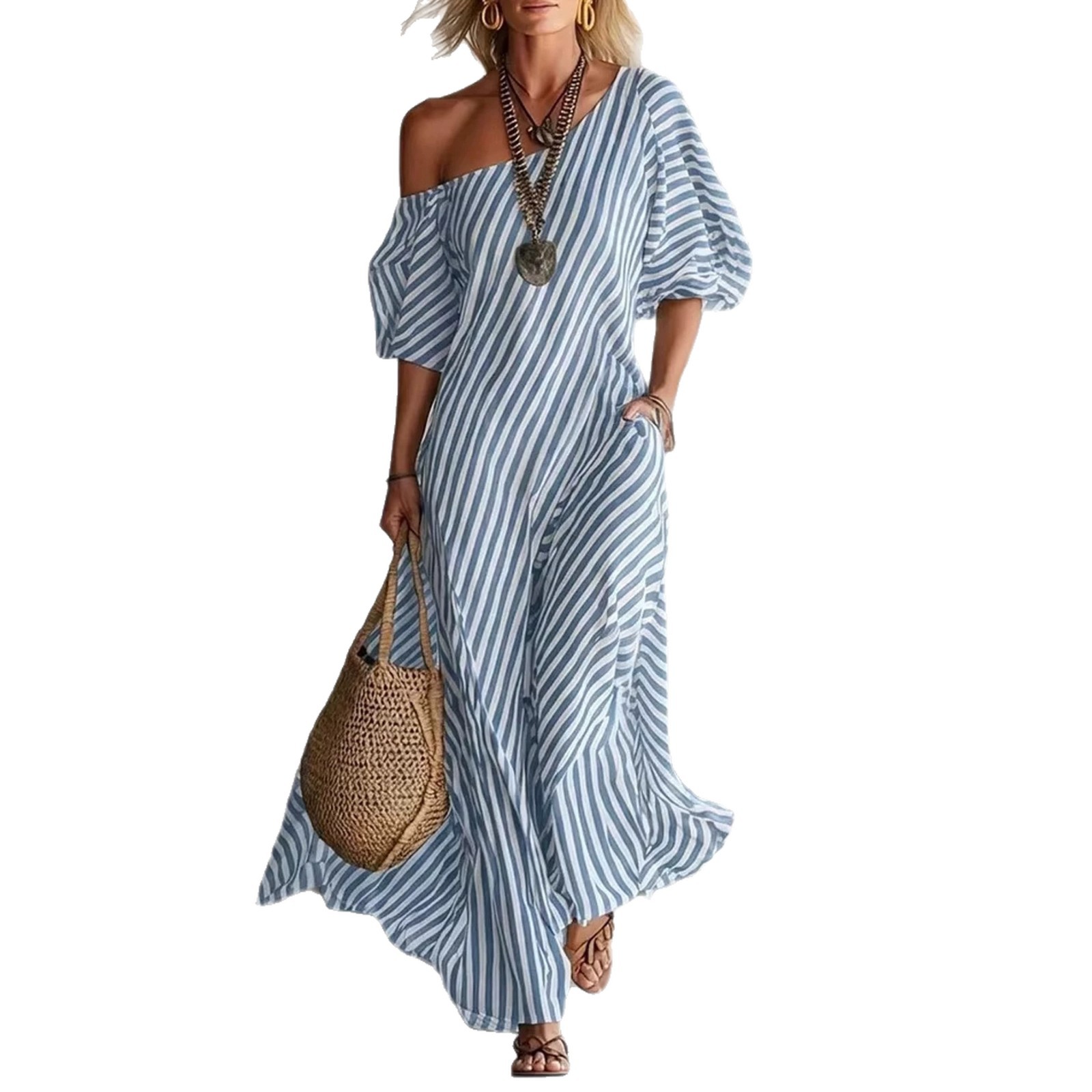 Striped Off-Shoulder Long Dress