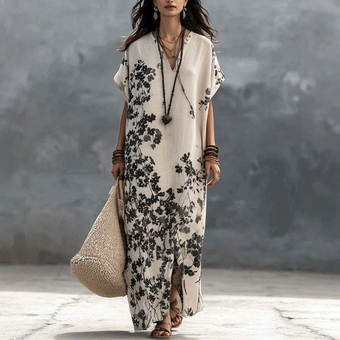 V-Neck Floral Print Short Sleeve Slit Maxi Dress