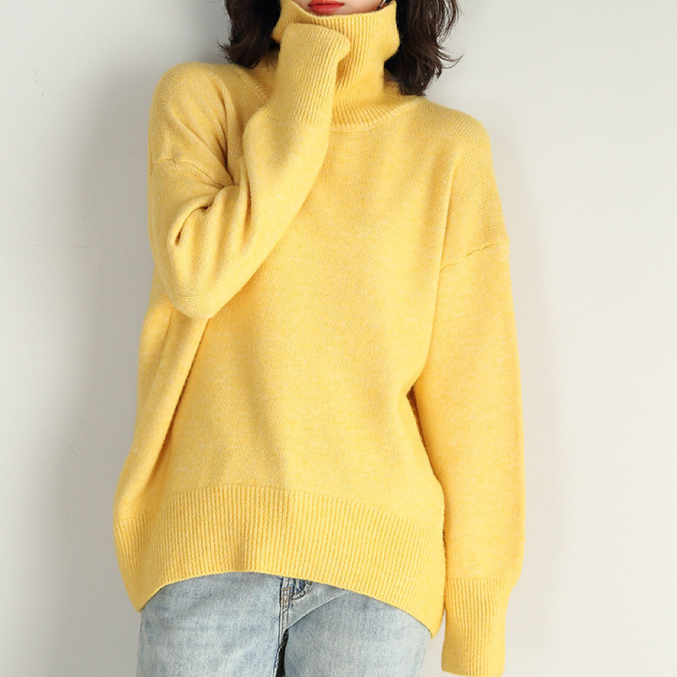 Solid Turtleneck Sweater Loose Knit Pullover