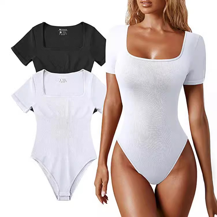 Ribbed Square Neck Short Sleeve Bodysuit