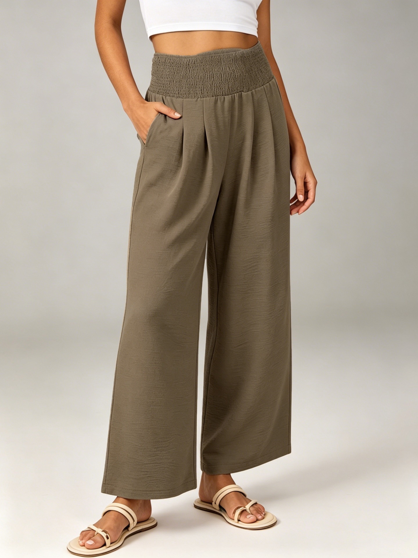 Women's High-Waist Smocked Linen-Blend Wide-Leg Cropped Pants