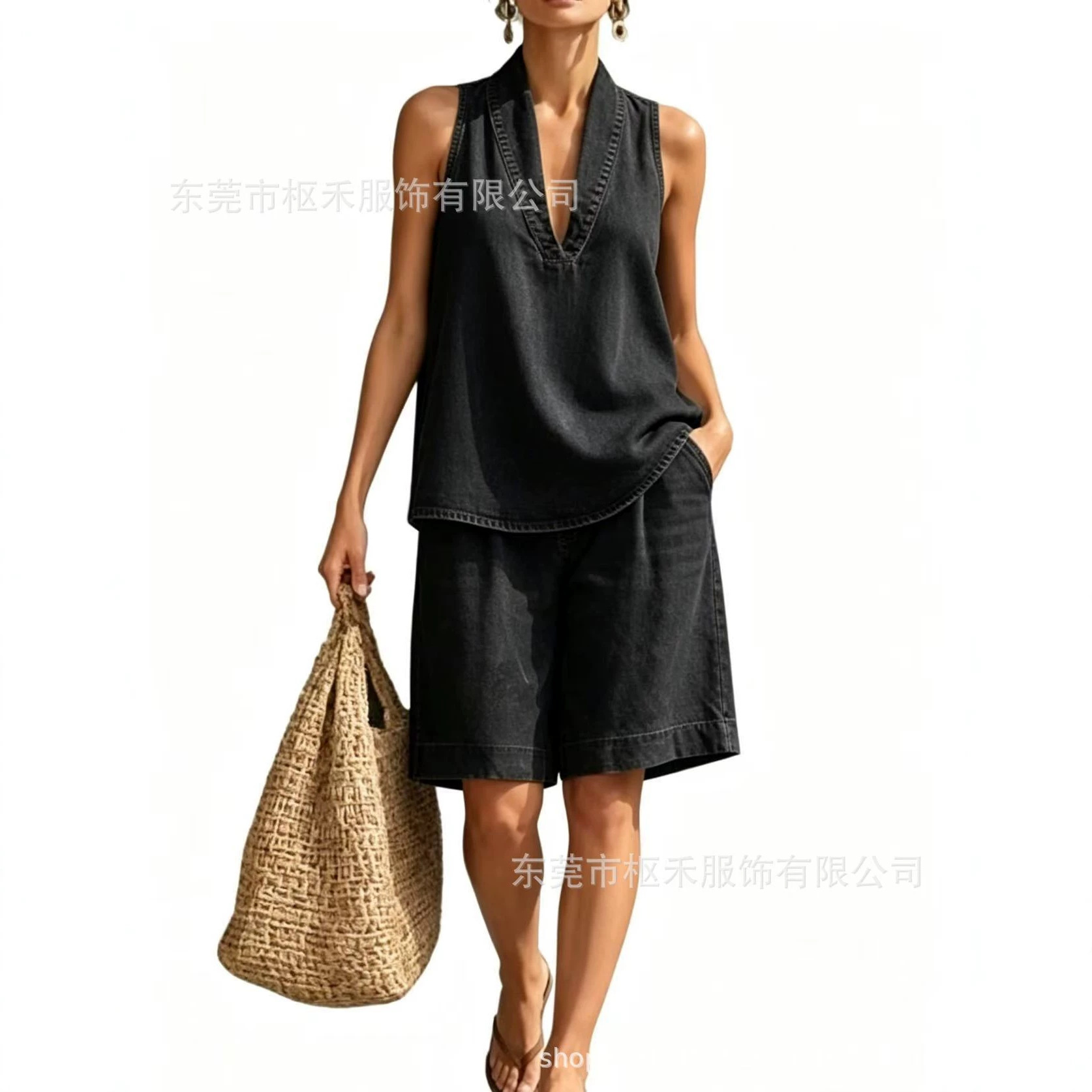 Retro Gradient Wash Print Sleeveless Halter Top Set