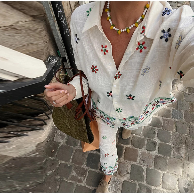 Women's Embroidered Collared Shirt & Casual Pants Set