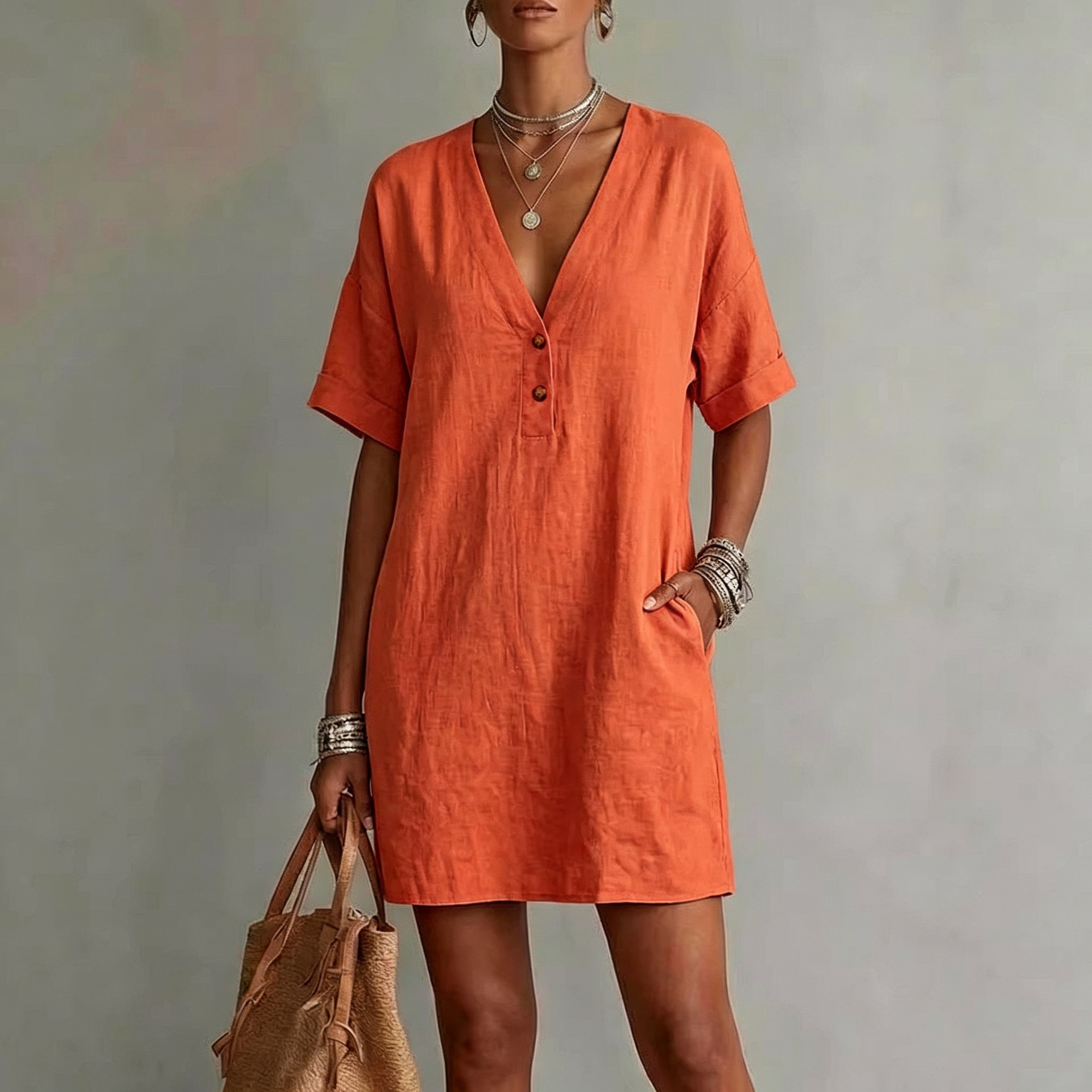 Boho Cotton-Linen Deep V Half-Button Short Sleeve Midi Dress