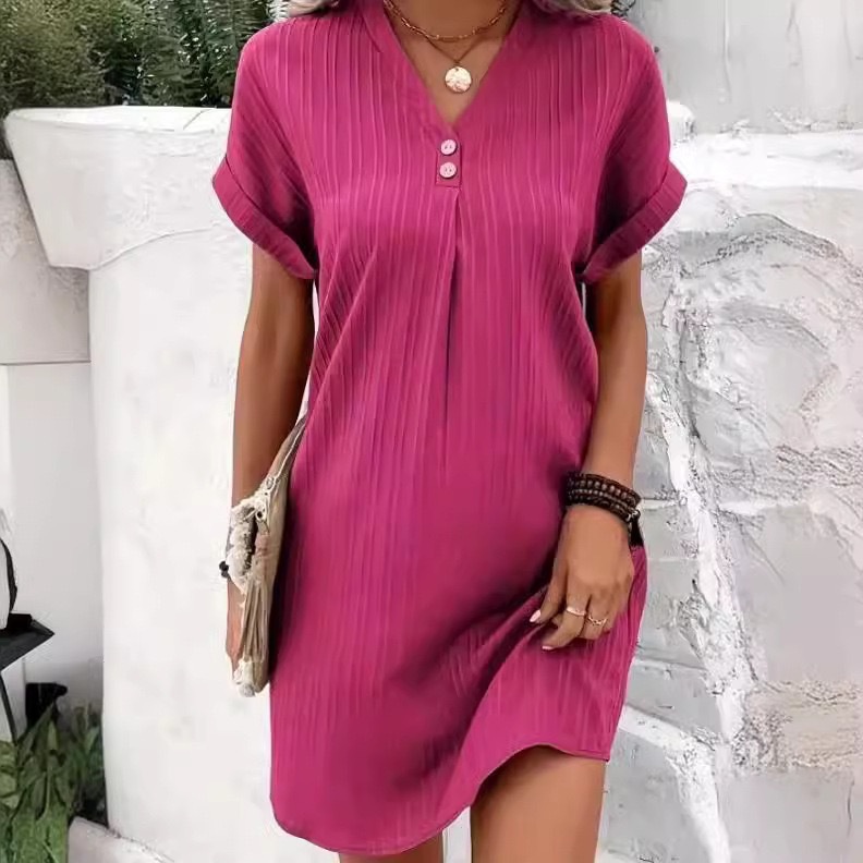Women's V-Neck Solid Color Pullover Dress with Buttons